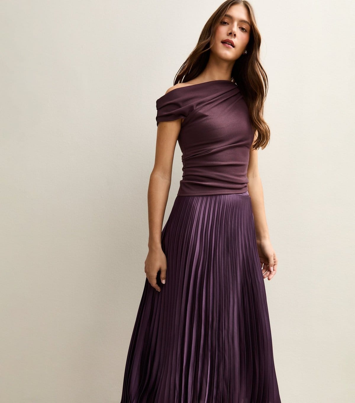 New Look Dark Burgundy Satin Pleated Midi Skirt