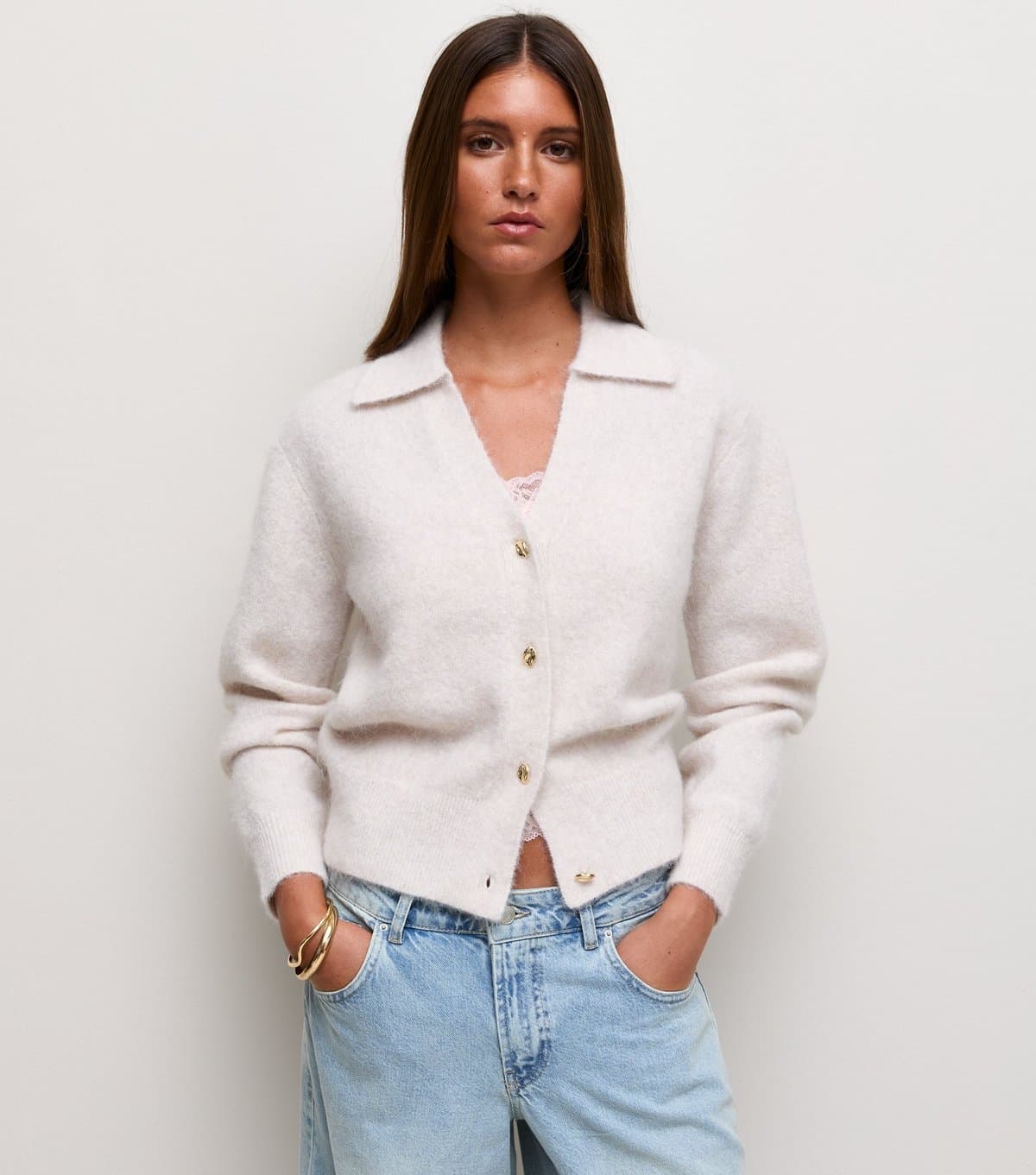 New Look New Look Cream Knitted V-Neck Collared Cardigan