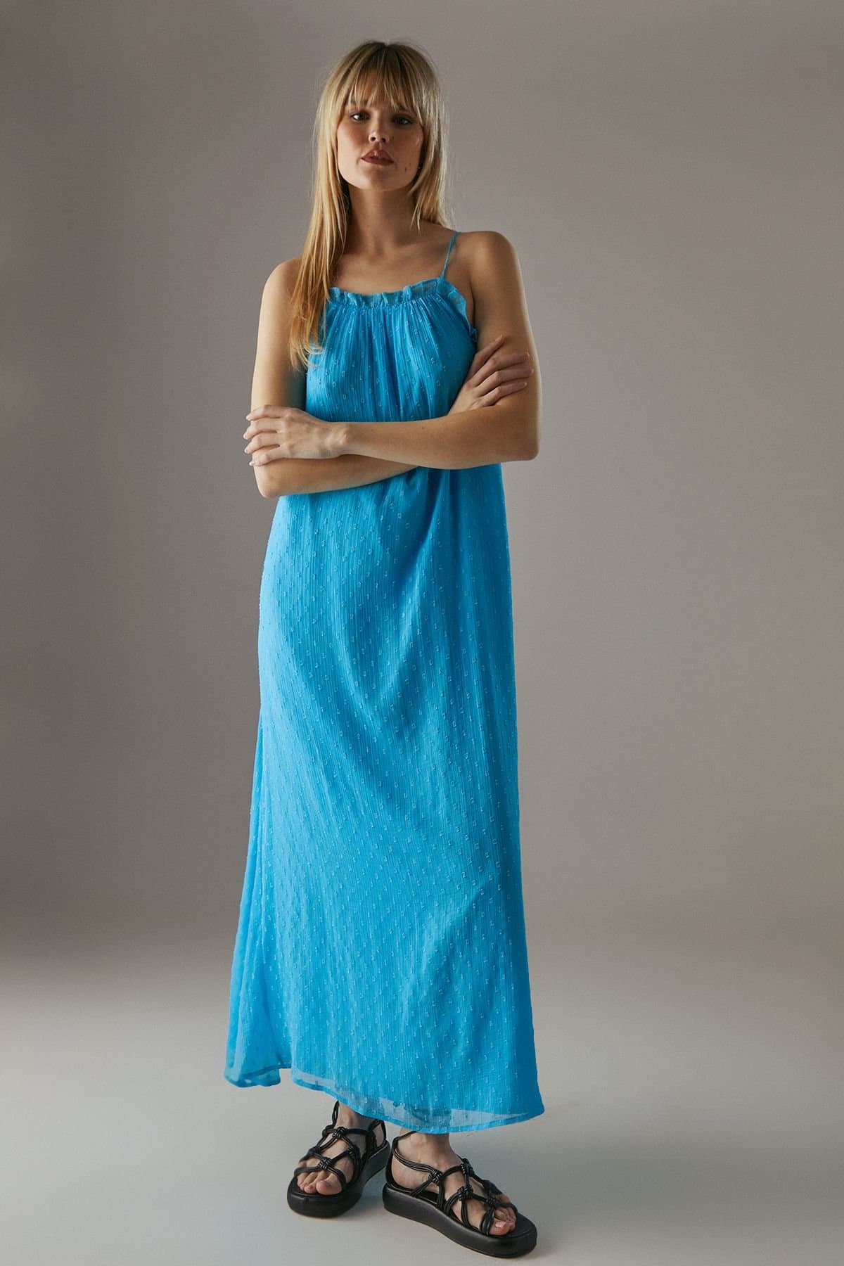 Warehouse Warehouse Women's Marble Dobby Chiffon Halter Ruffle Maxi Dress in Azure