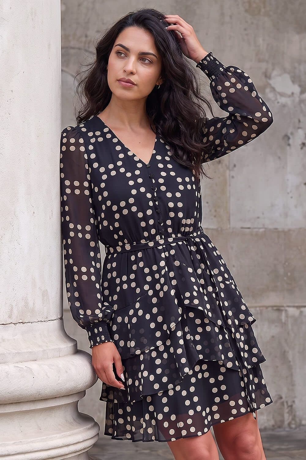 Dusk Dusk Women's Spot Print Tie Waist Dress in Black