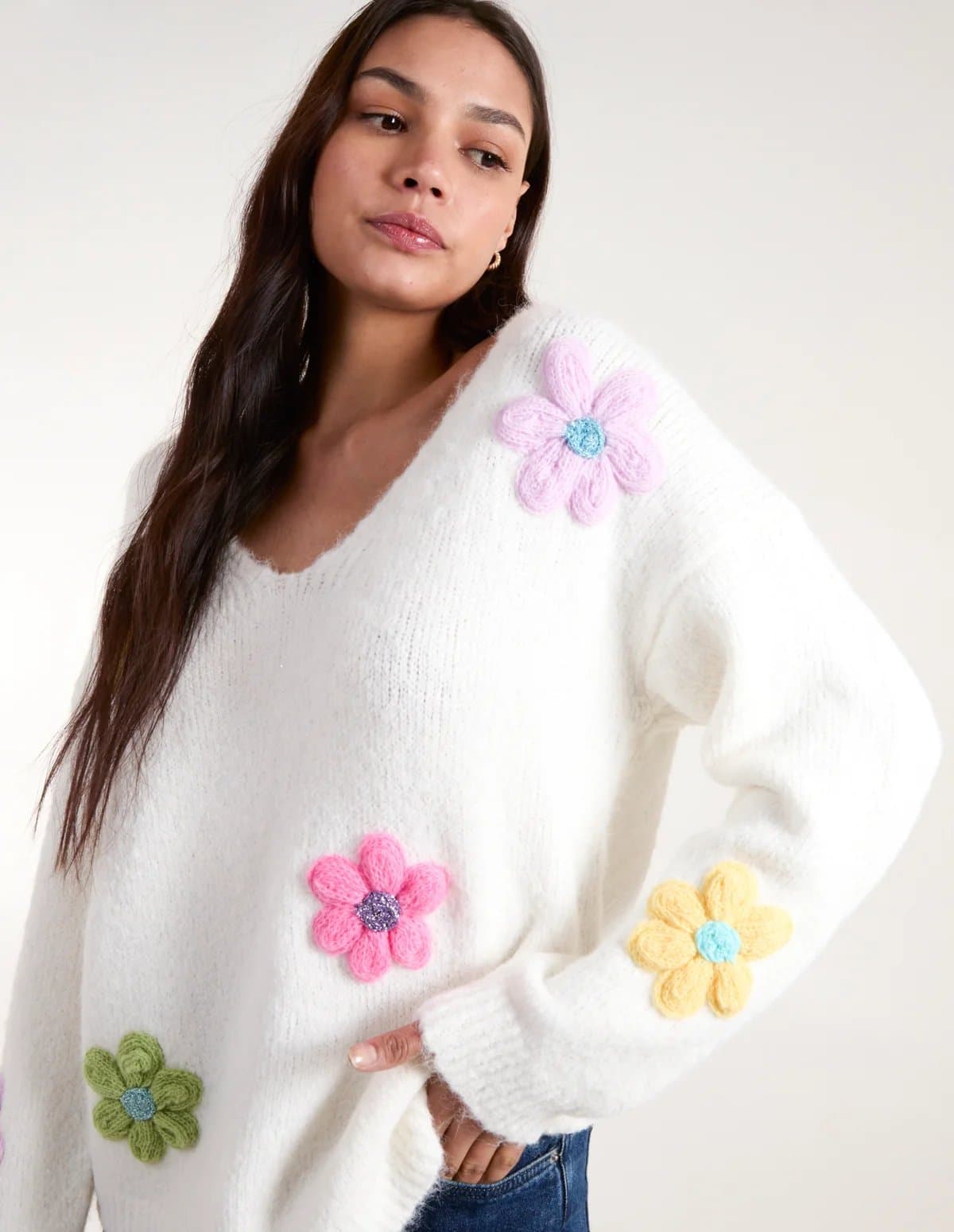 Blue Vanilla Flower Knit Embroidery V Neck Jumper