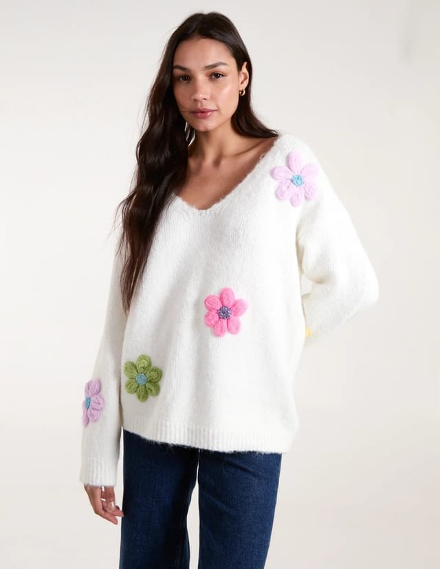 Blue Vanilla Flower Knit Embroidery V Neck Jumper - 3