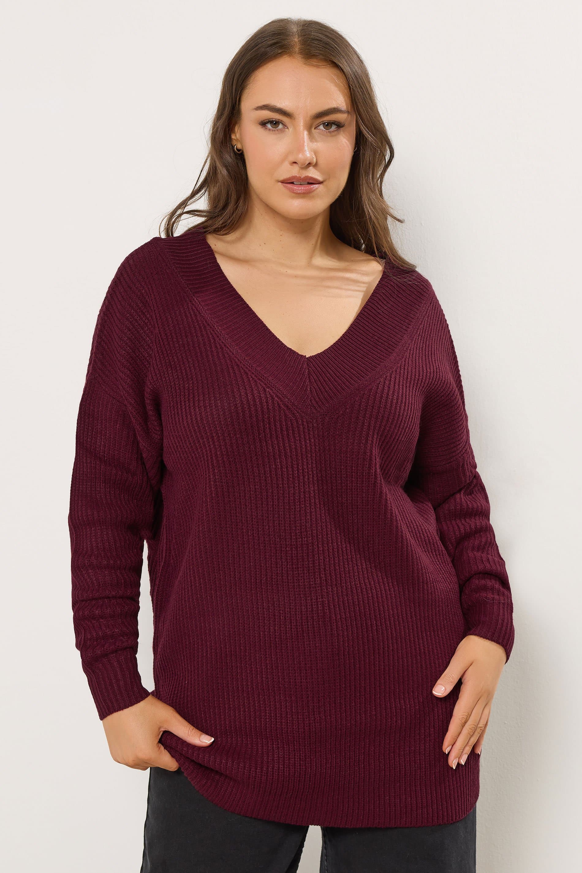Yours Plus Size Burgundy Red Vneck Knit Jumper