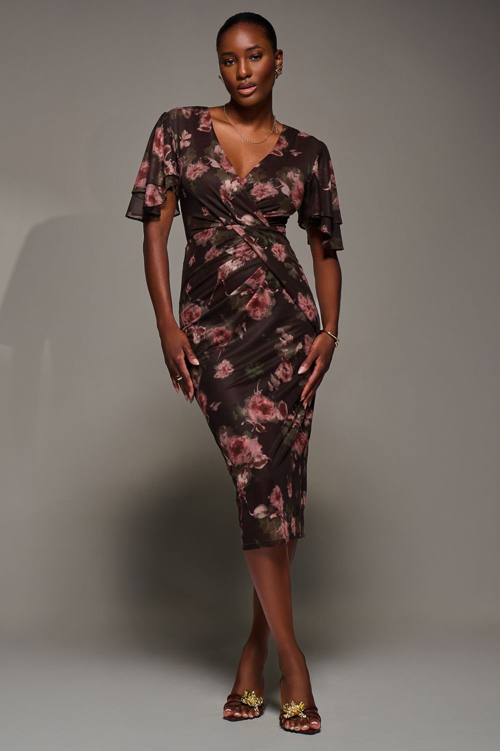 Jolie Moi Jolie Moi Women's Print Mesh Angel Sleeve Bodycon Midi Dress in Burgundy - 3