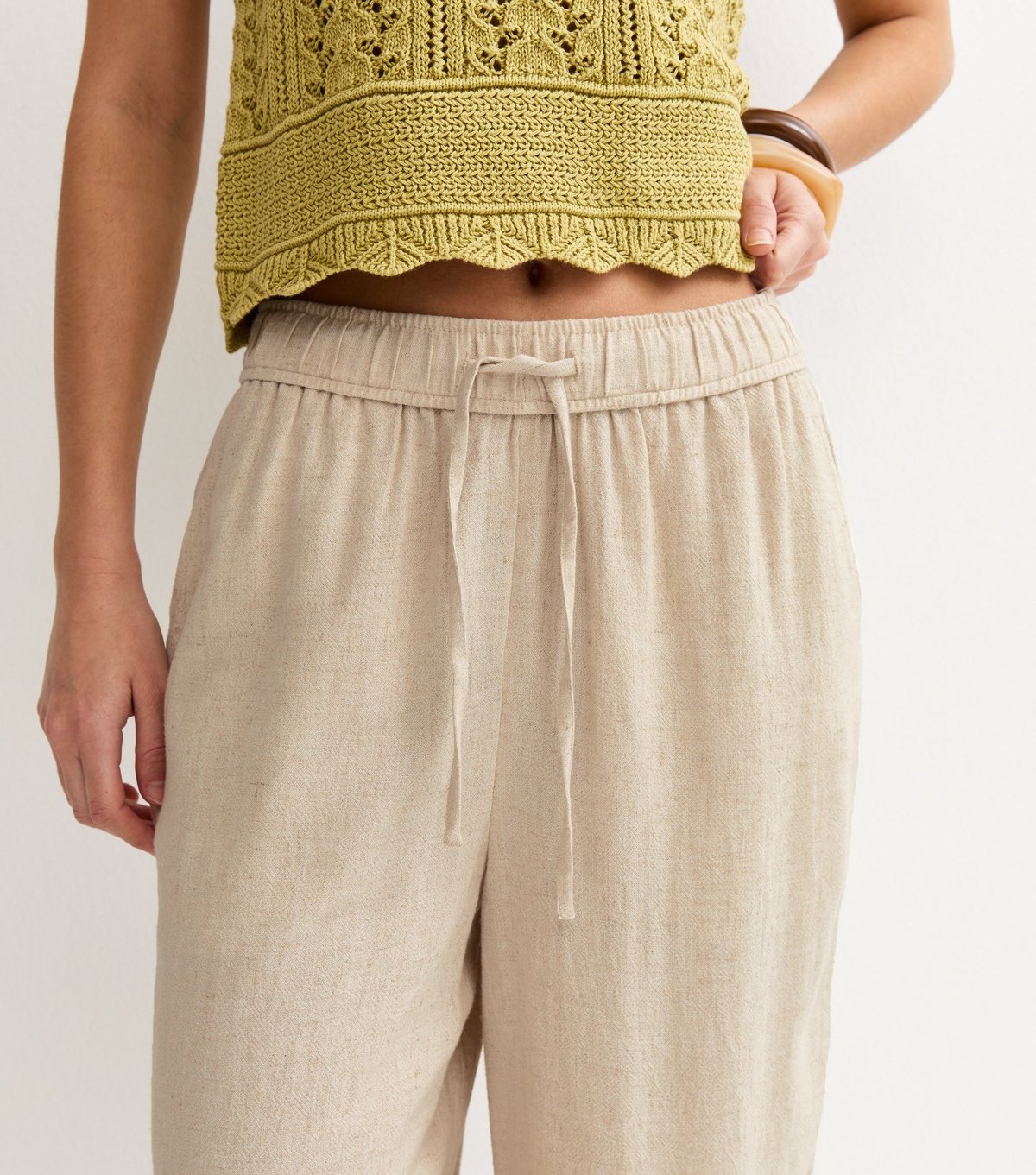 New Look Women's Stone Linen Look Wide Leg Drawstring Trousers New Look - 3