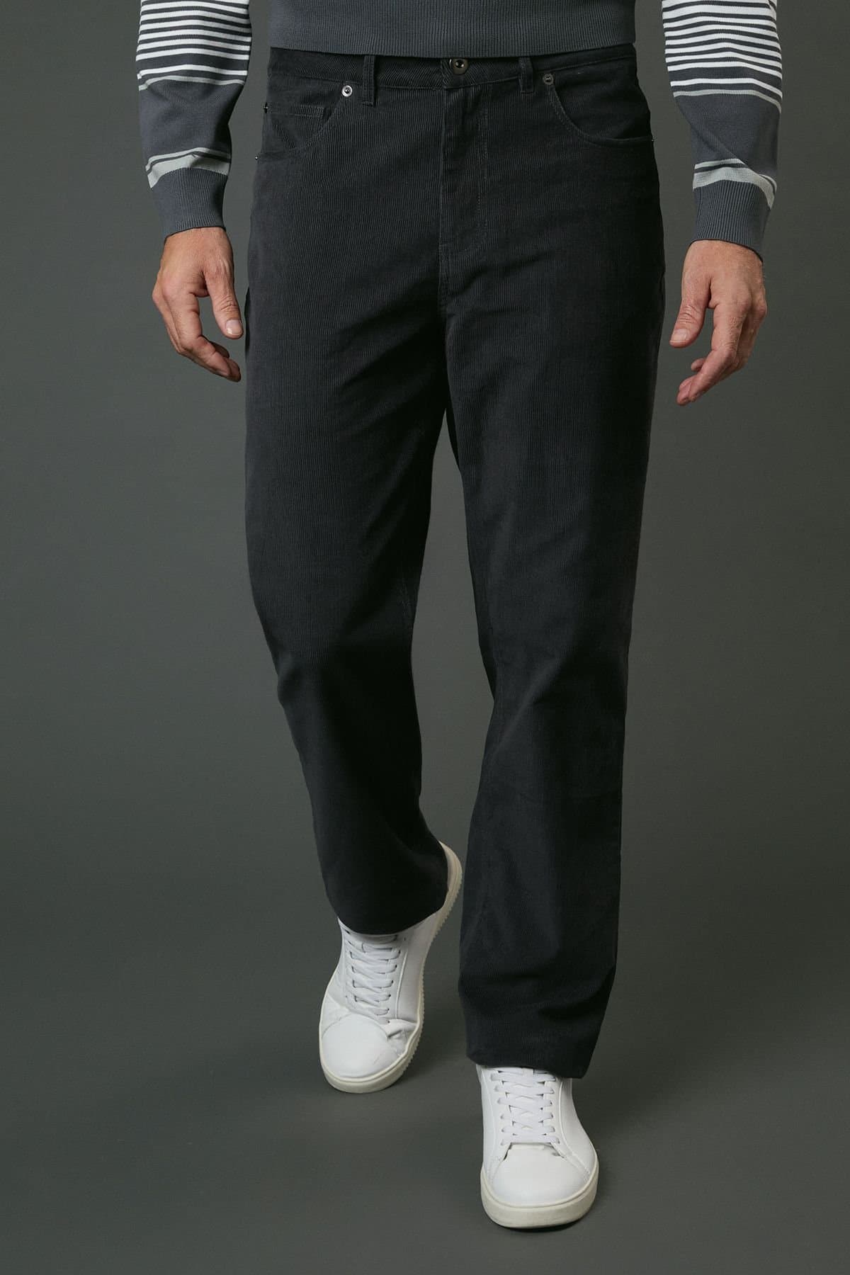 Maine Maine Men's Corduroy Straight Fit 5 Pocket Trousers in Dark Grey