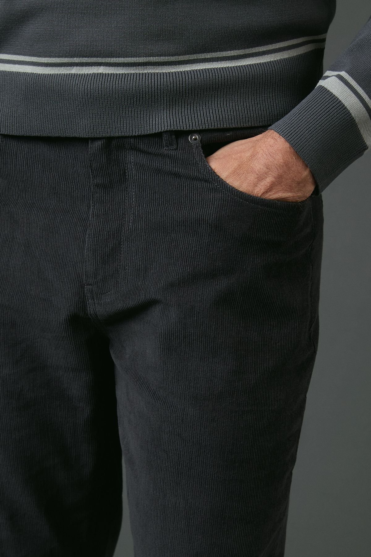 Maine Maine Men's Corduroy Straight Fit 5 Pocket Trousers in Dark Grey - 2