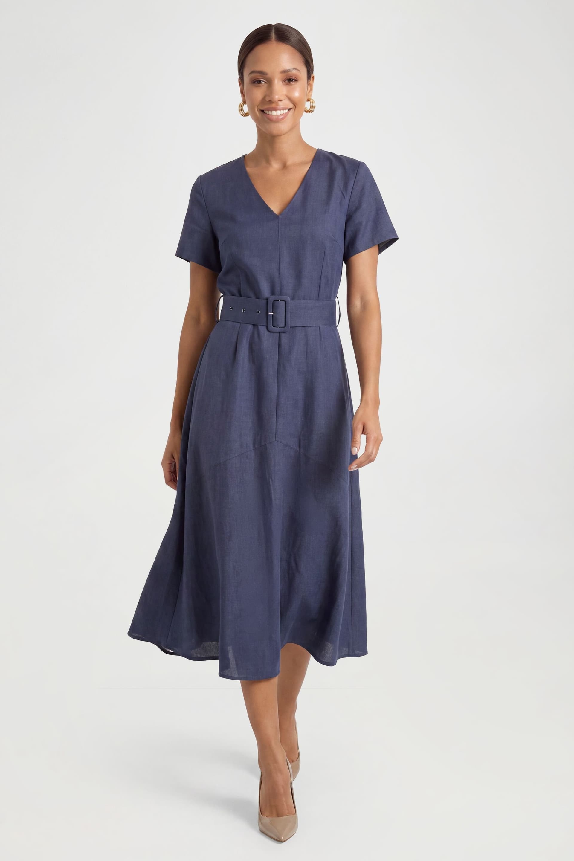 Principles Principles Women's Textured Woven Belted Midi Dress in Navy