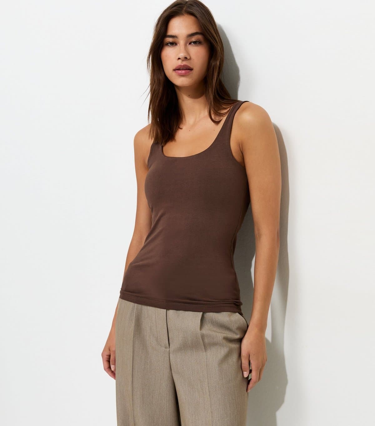 New Look Women's Dark Brown Cotton Rich Square Neck Vest Top New Look