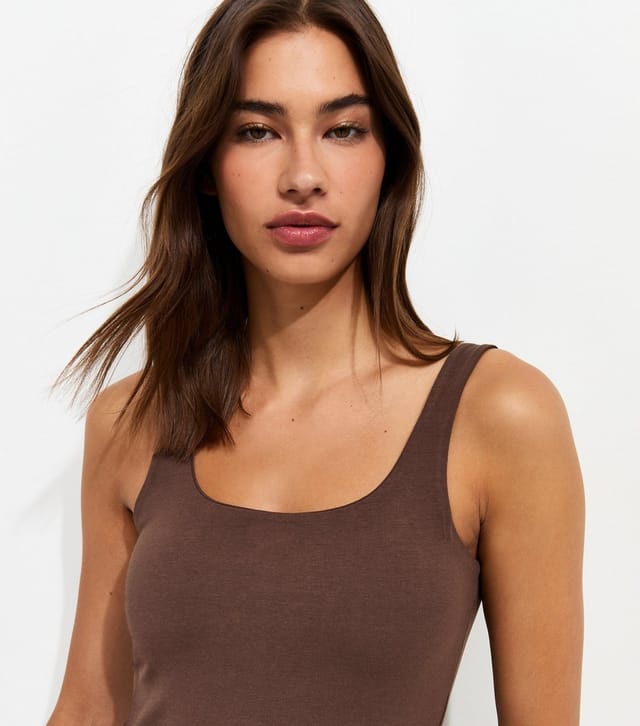 New Look Women's Dark Brown Cotton Rich Square Neck Vest Top New Look - 2