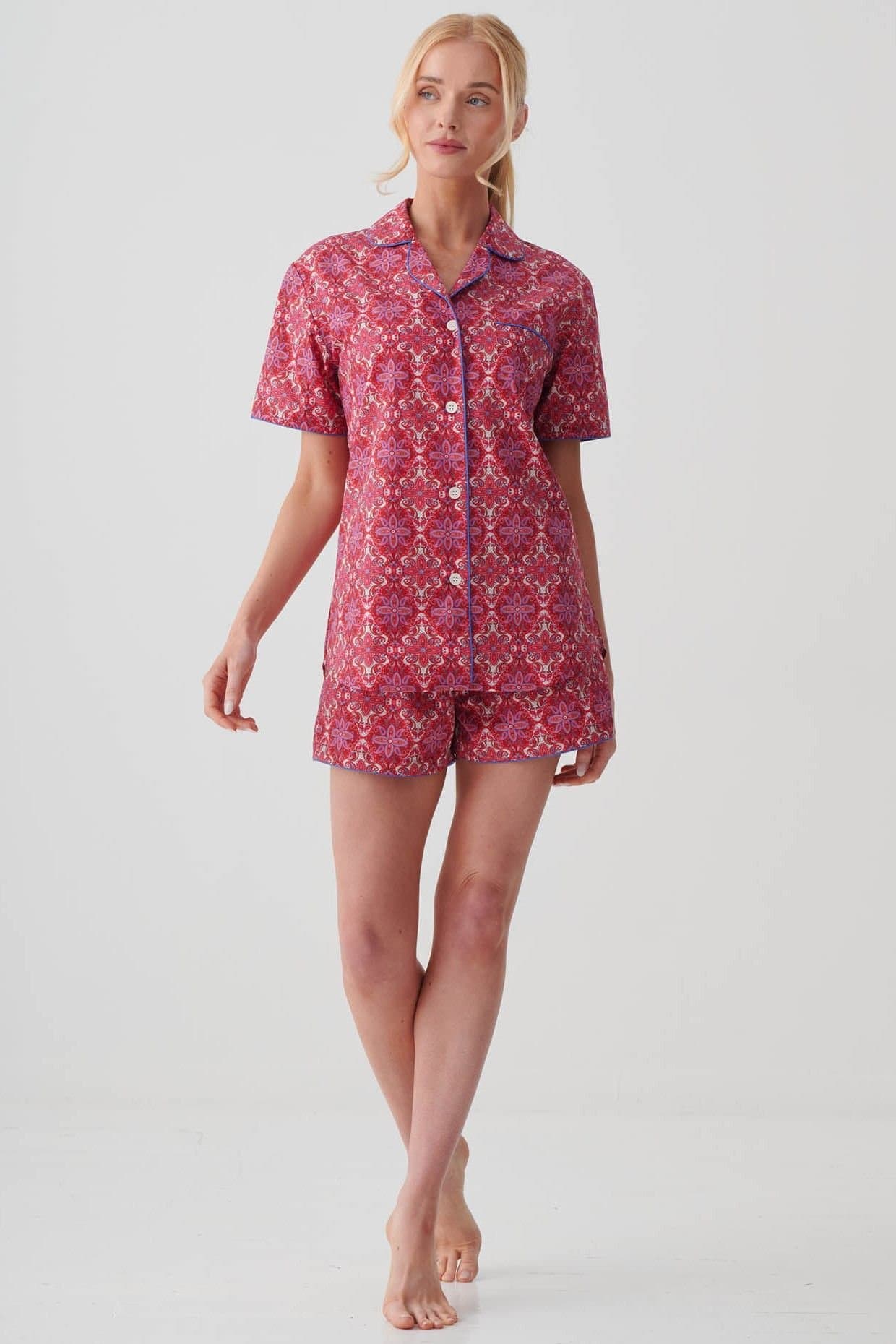 British Boxers British Boxers Women's "Byzantine Paisley" Crisp Cotton Short Pyjama Set in Dark Pink