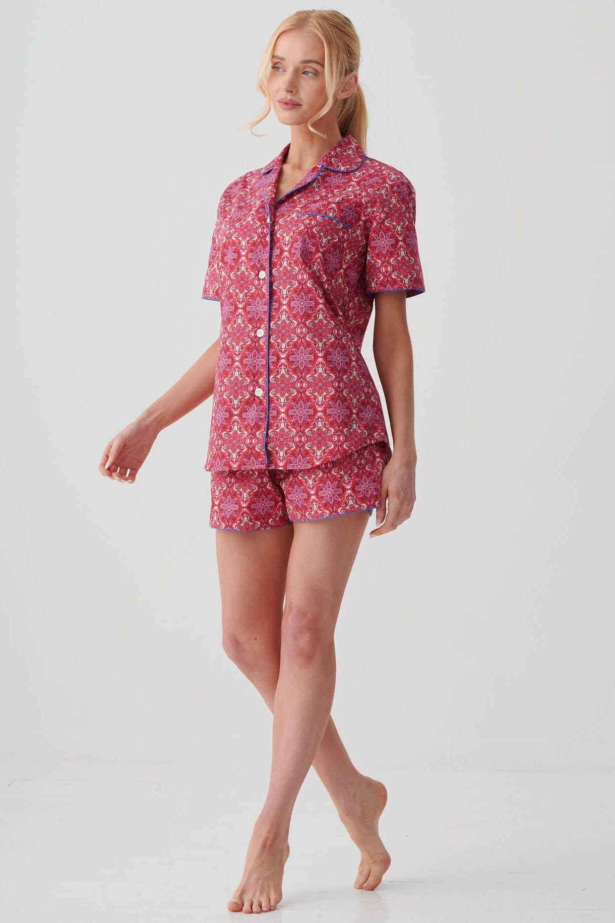 British Boxers British Boxers Women's "Byzantine Paisley" Crisp Cotton Short Pyjama Set in Dark Pink - 2