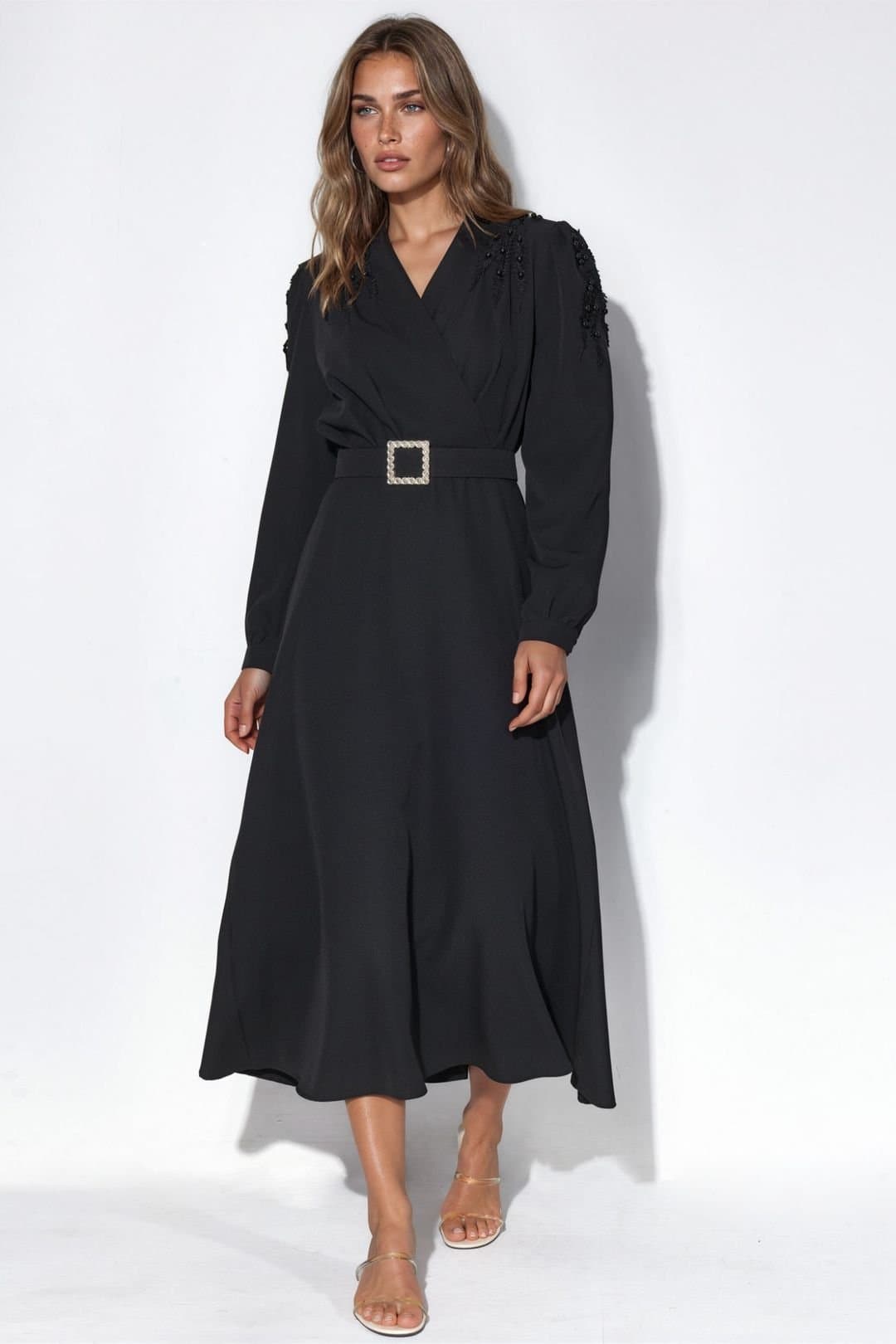 MSN Collection MSN Collection Women's Belted A-line Midi Dress in Black