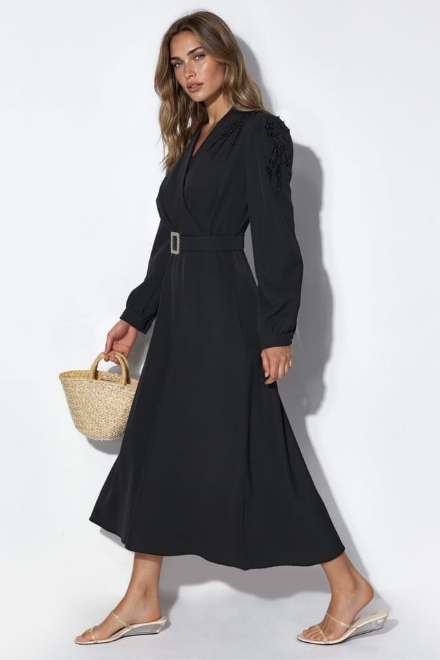 MSN Collection MSN Collection Women's Belted A-line Midi Dress in Black - 2