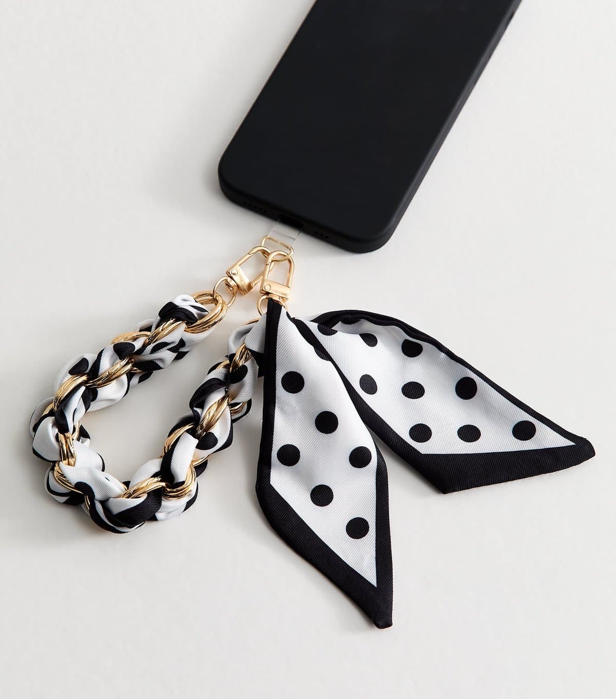 New Look Black Polka Dot Scarf and Chain Phone Strap New Look