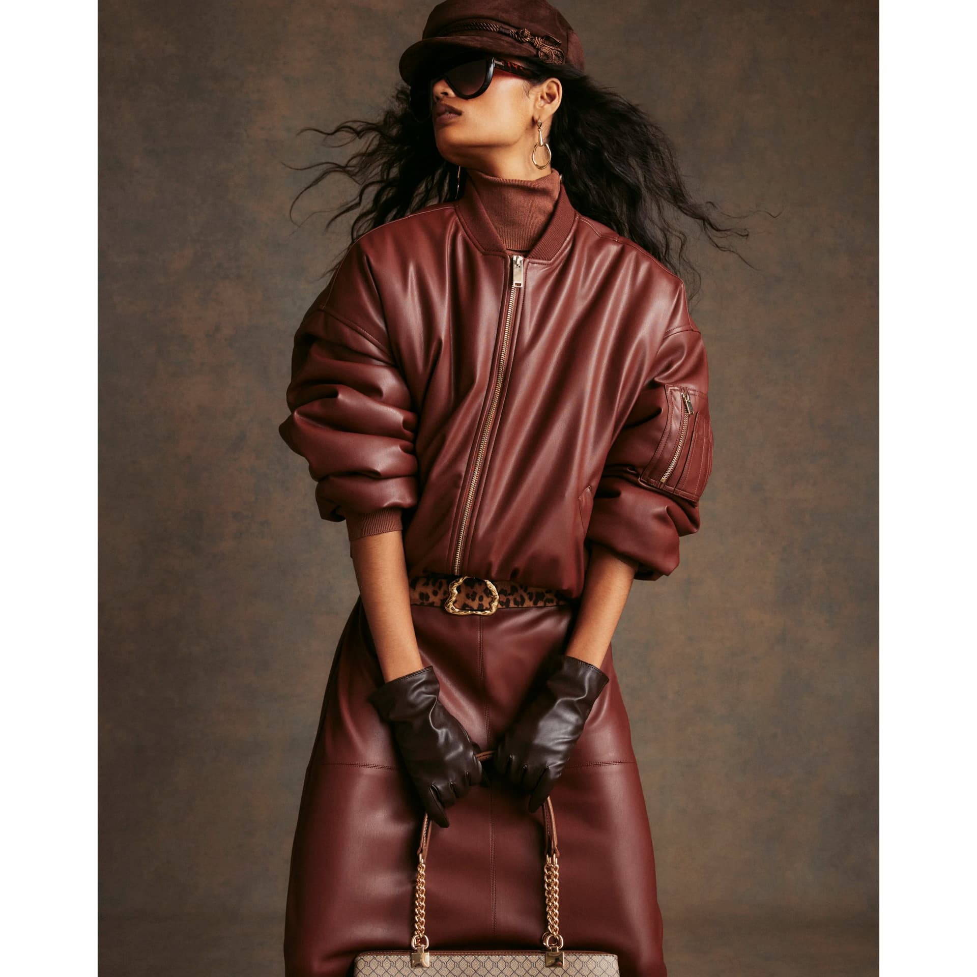 River Island River Island Womens Brown Faux Leather Classic Bomber Jacket