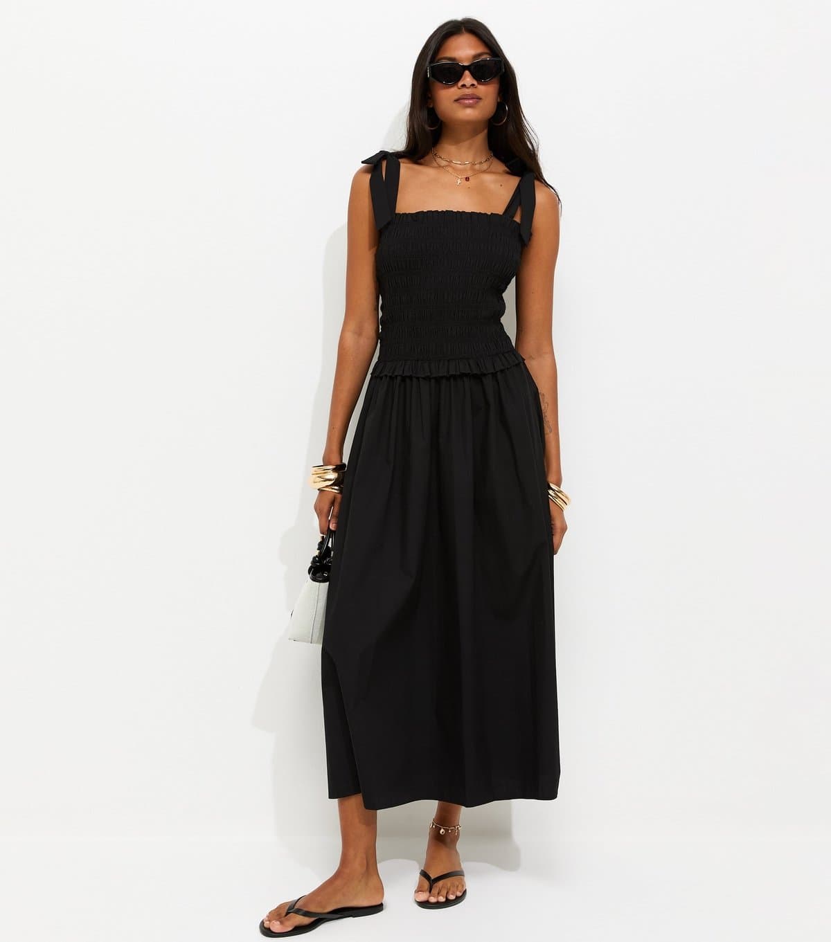 New Look Women's Black Cotton Shirred Tie Strap Midi Dress New Look