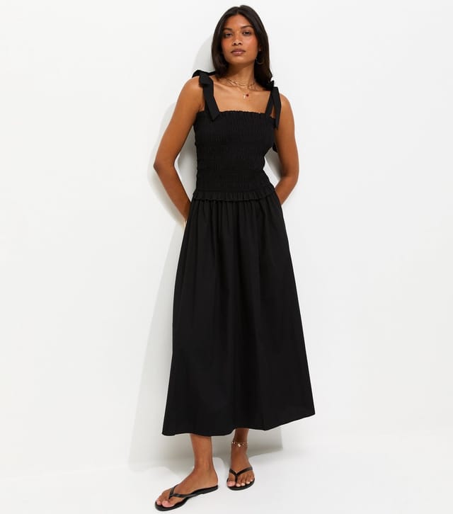 New Look Women's Black Cotton Shirred Tie Strap Midi Dress New Look - 2