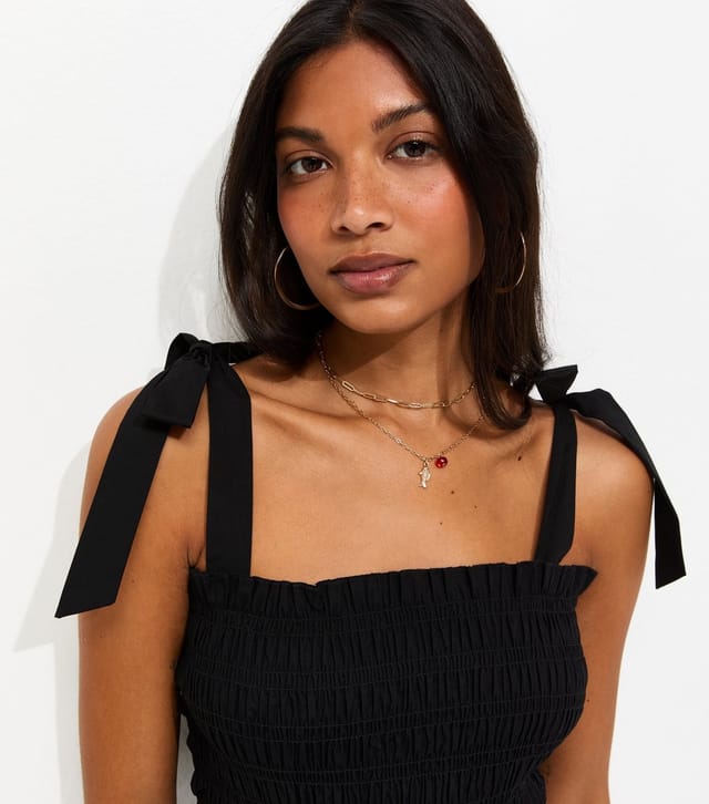 New Look Women's Black Cotton Shirred Tie Strap Midi Dress New Look - 3