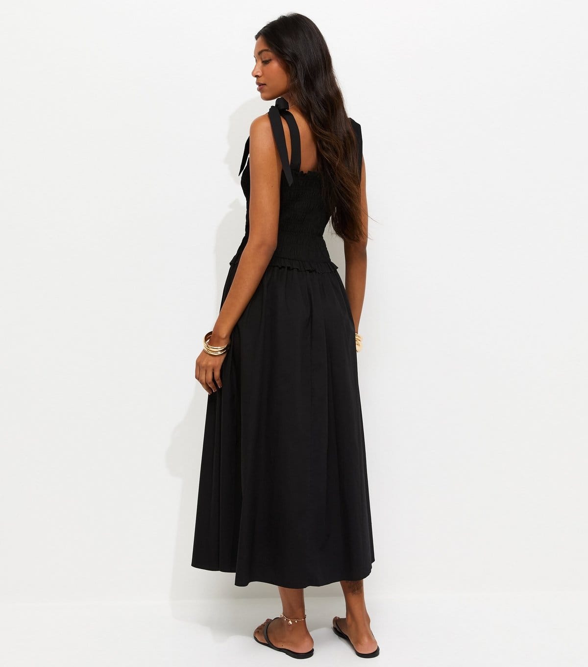 New Look Women's Black Cotton Shirred Tie Strap Midi Dress New Look - 4