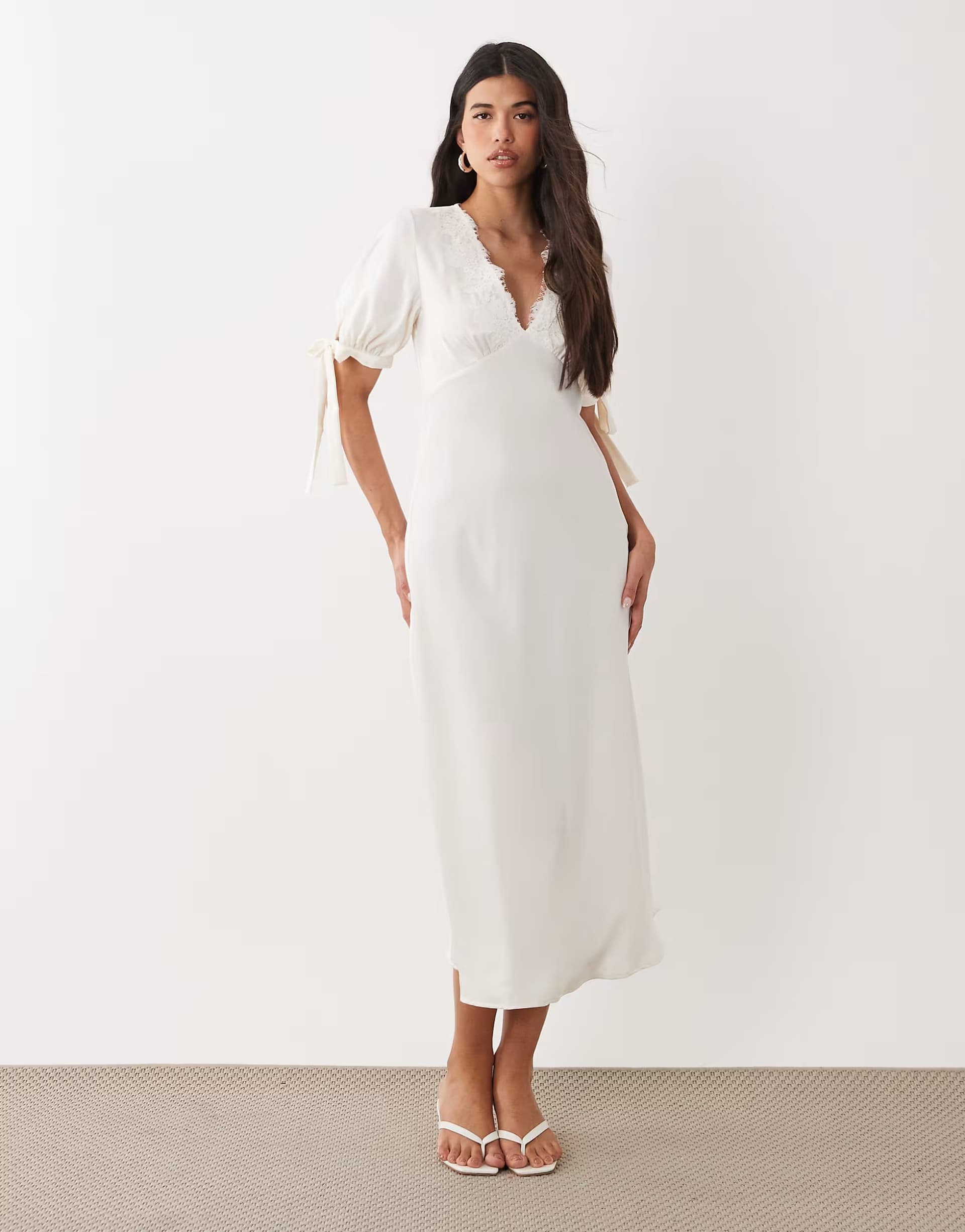 ASOS YAS v neck lace trim romantic satin midi dress with tie sleeve details in white