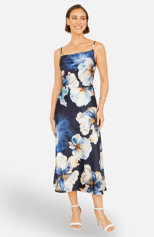 Yumi Yumi Women's Satin Cowl Neck Floral Dress in Navy - 2