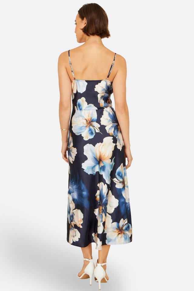 Yumi Yumi Women's Satin Cowl Neck Floral Dress in Navy - 3