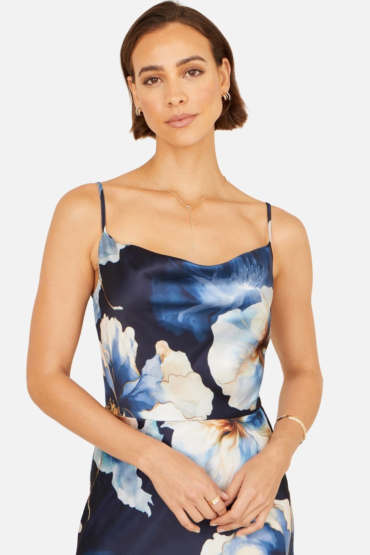 Yumi Yumi Women's Satin Cowl Neck Floral Dress in Navy - 4