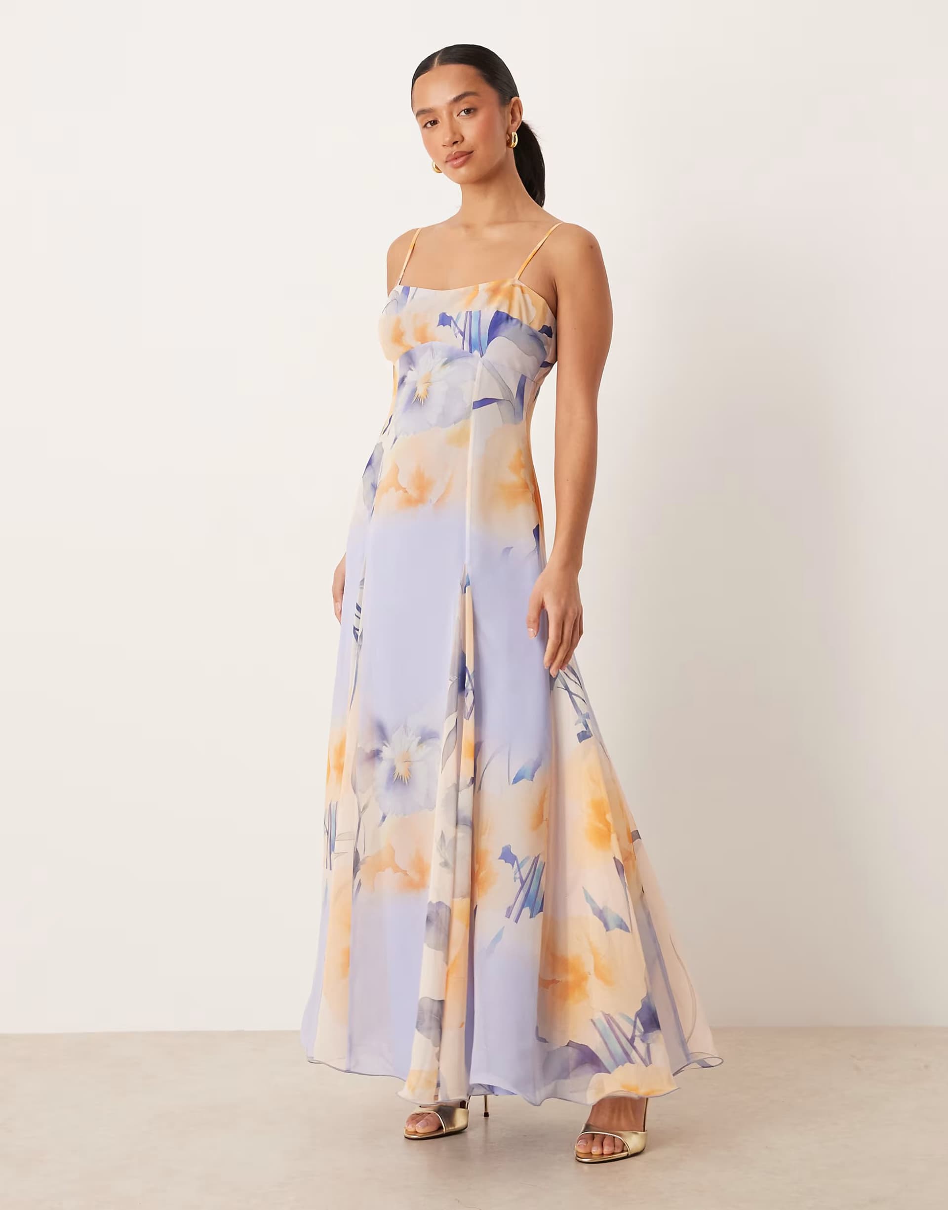 ASOS ASOS DESIGN Petite chiffon strappy maxi dress with deep godets in orange and purple floral