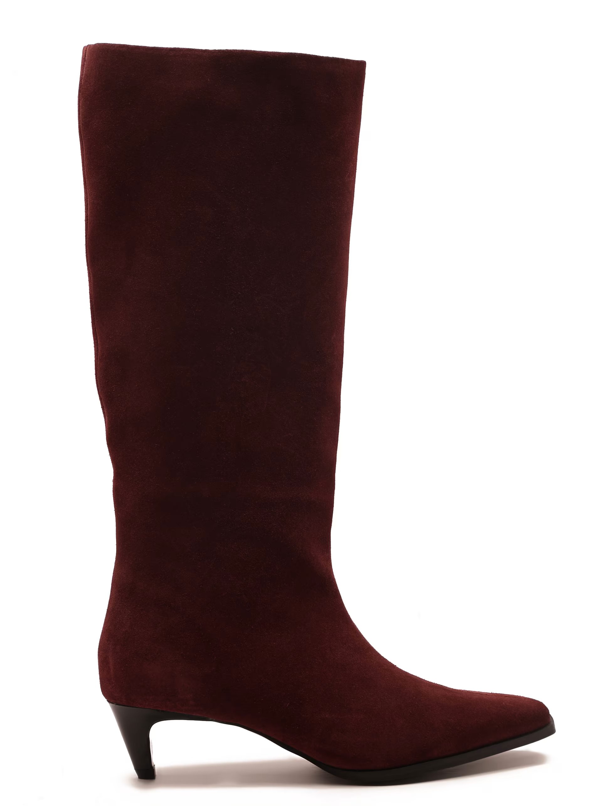 ASOS Off The Hook Fern suede leather knee-high kitten heel boots in maroon - 1