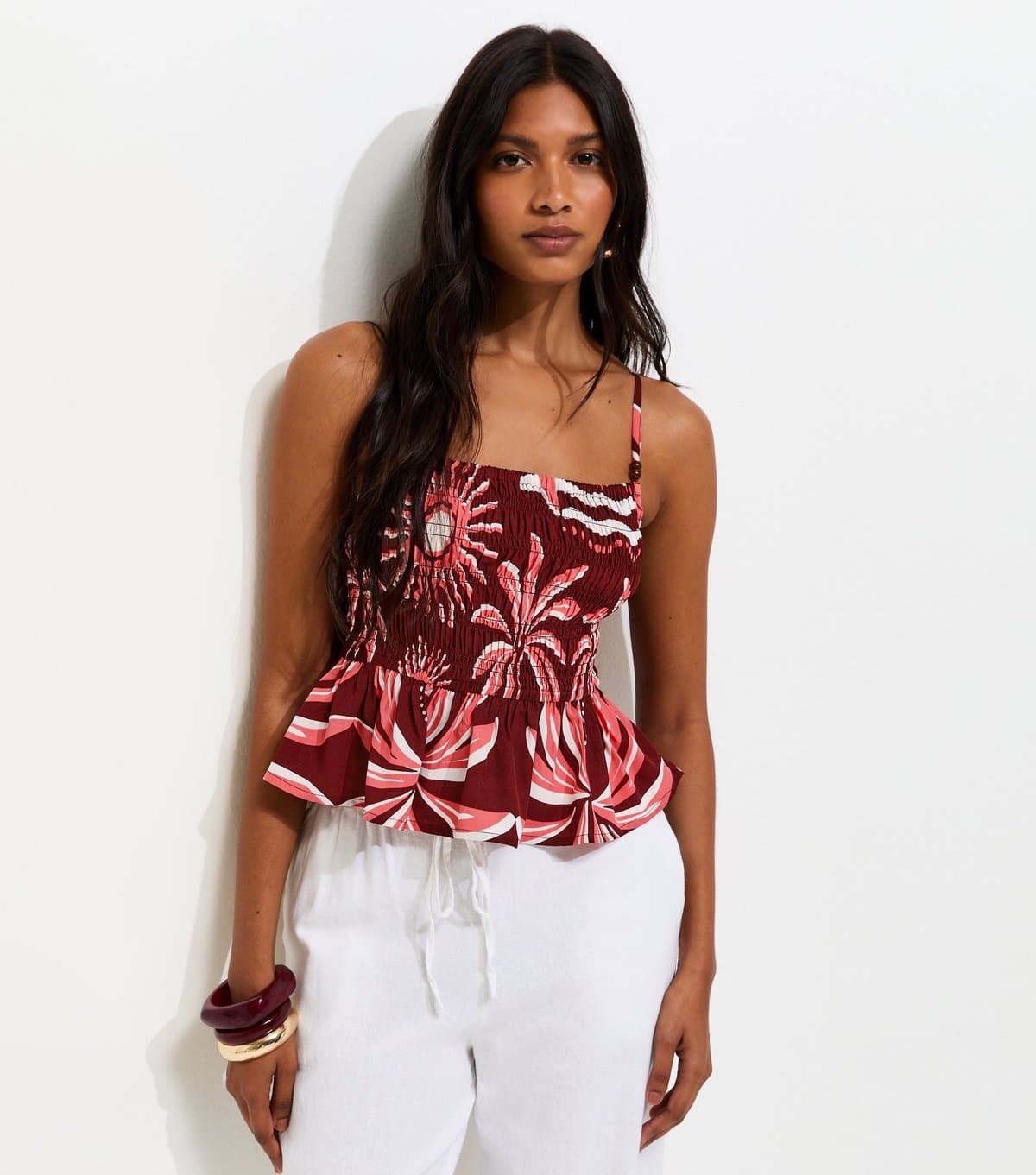 New Look Women's Burgundy Palm Print Shirred Cami Top New Look