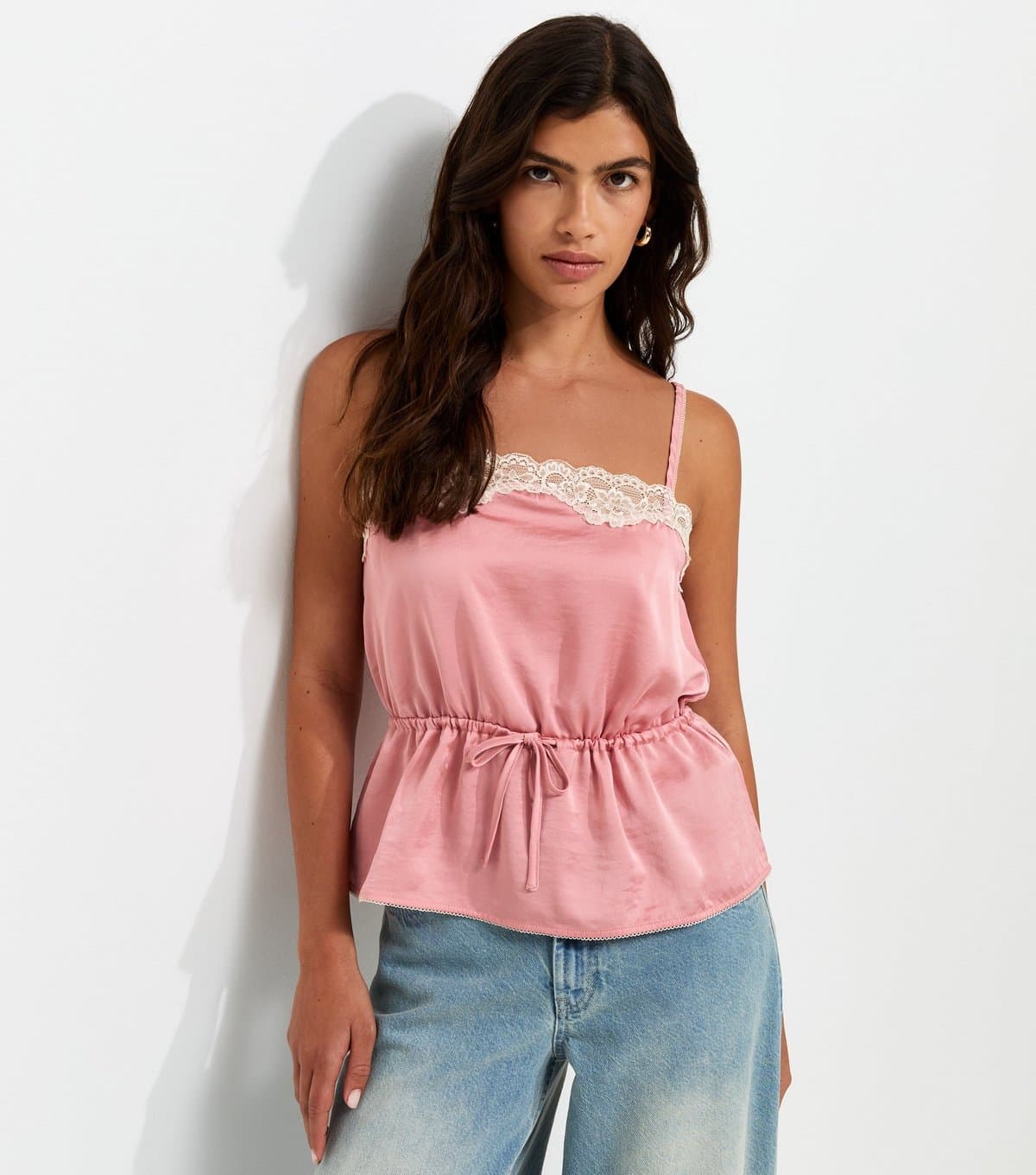 New Look Women's Pink Satin Lace Trim Tie Waist Cami Top New Look