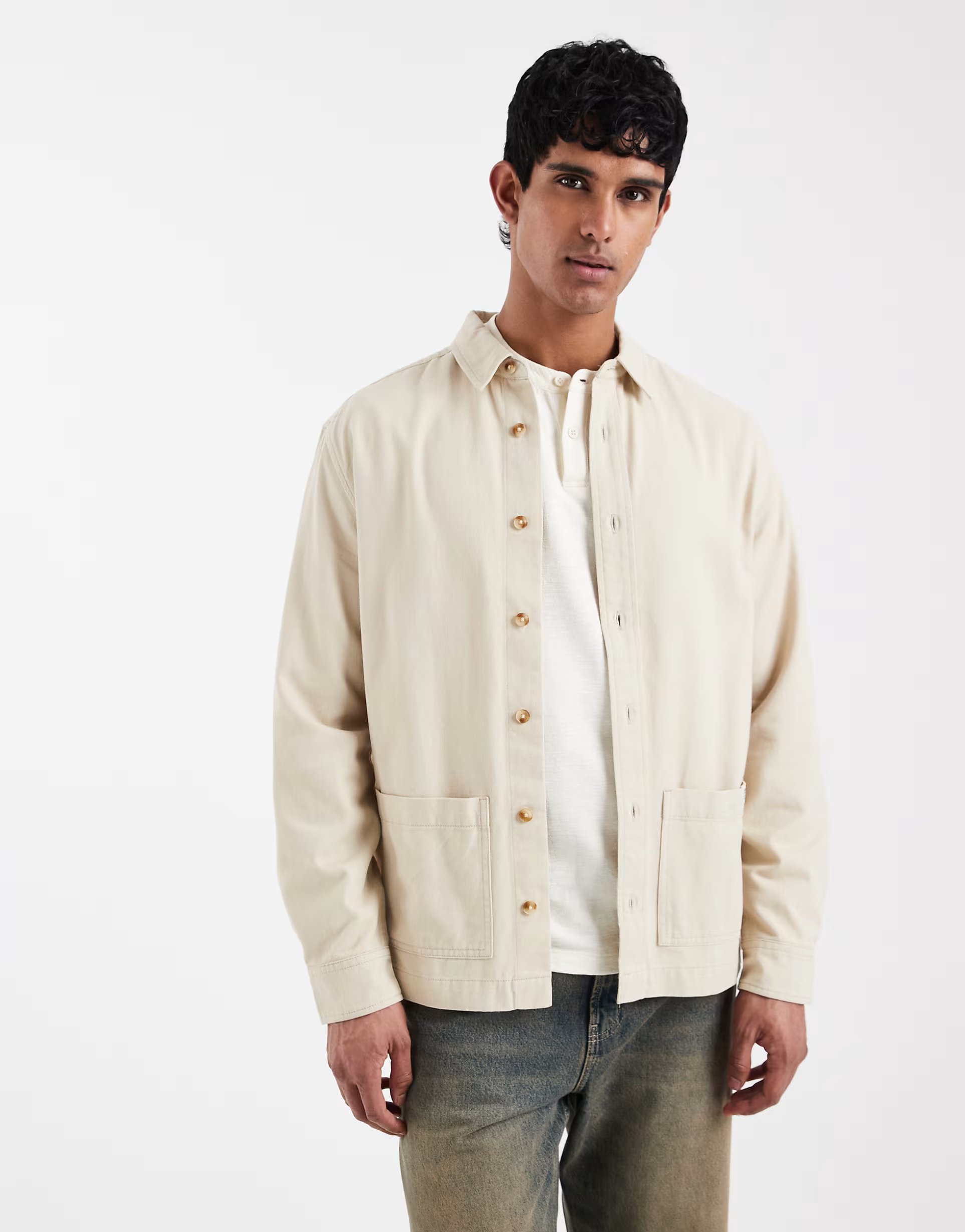 ASOS ASOS DESIGN overshirt with workwear badging in beige - 1