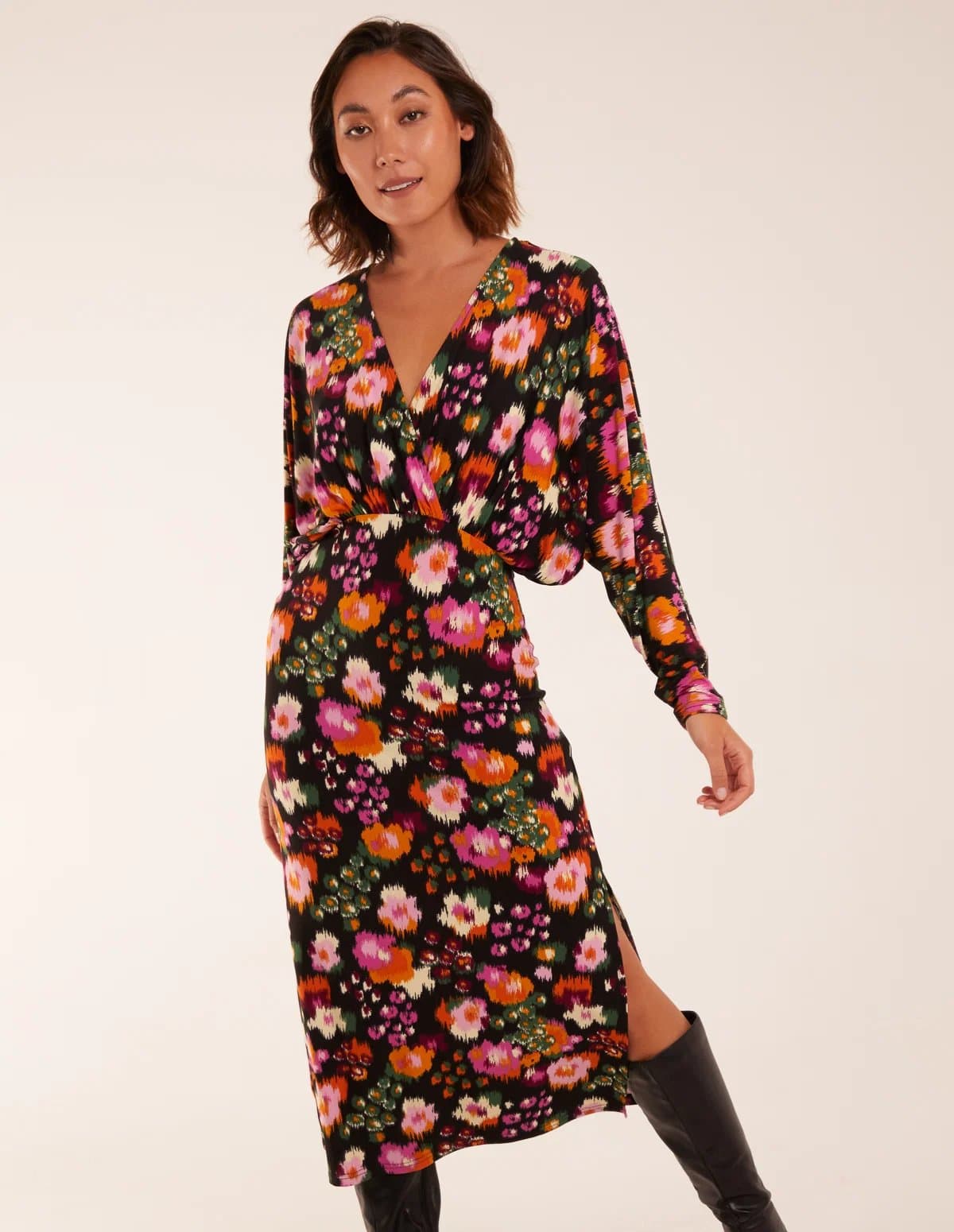 Blue Vanilla Wrap Batwing Floral Midi Dress With Side Split