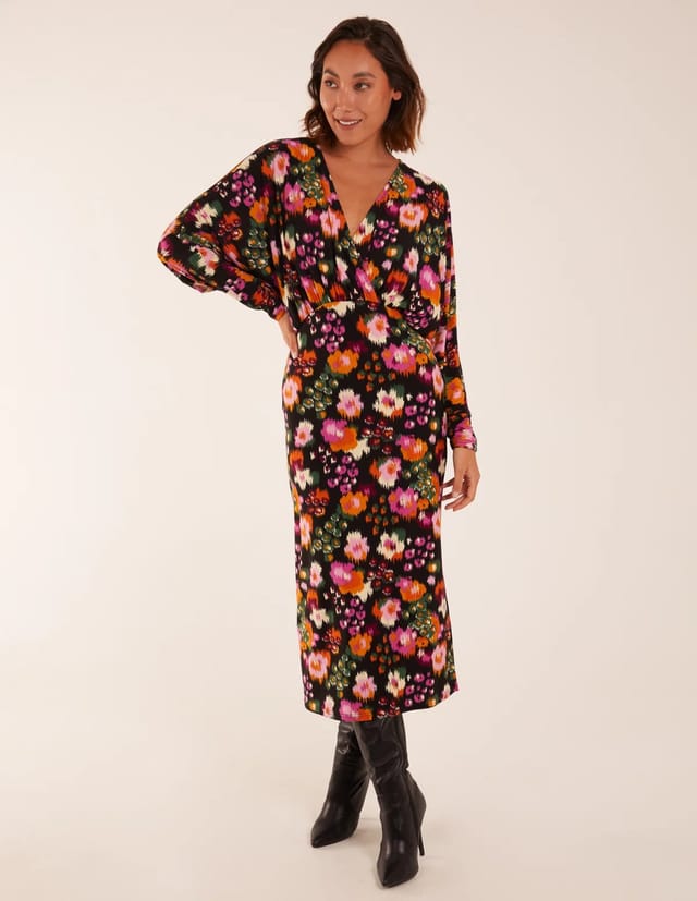 Blue Vanilla Wrap Batwing Floral Midi Dress With Side Split - 2