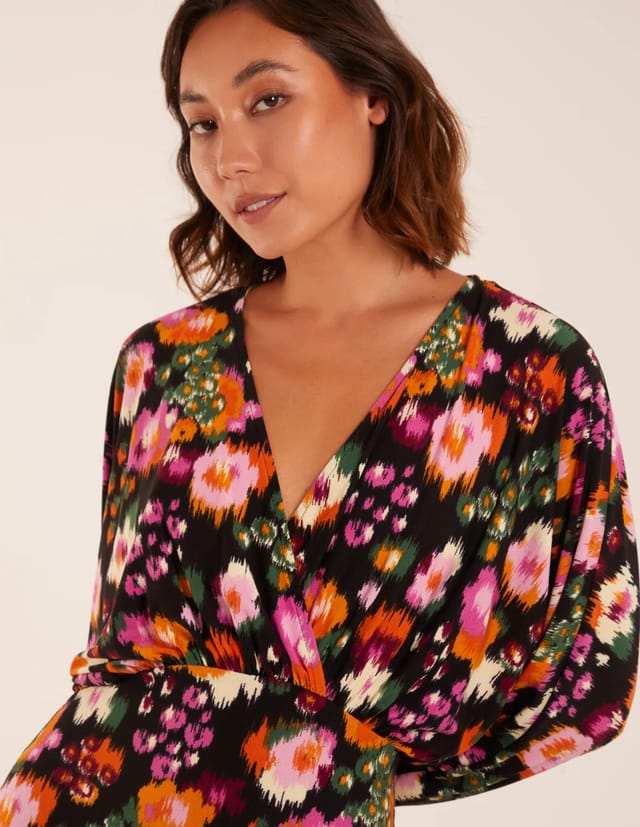 Blue Vanilla Wrap Batwing Floral Midi Dress With Side Split - 3