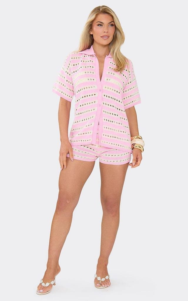 EGO Low Rise Micro Shorts In Pink Stripe Crochet Knit, Women's Size UK L - 2