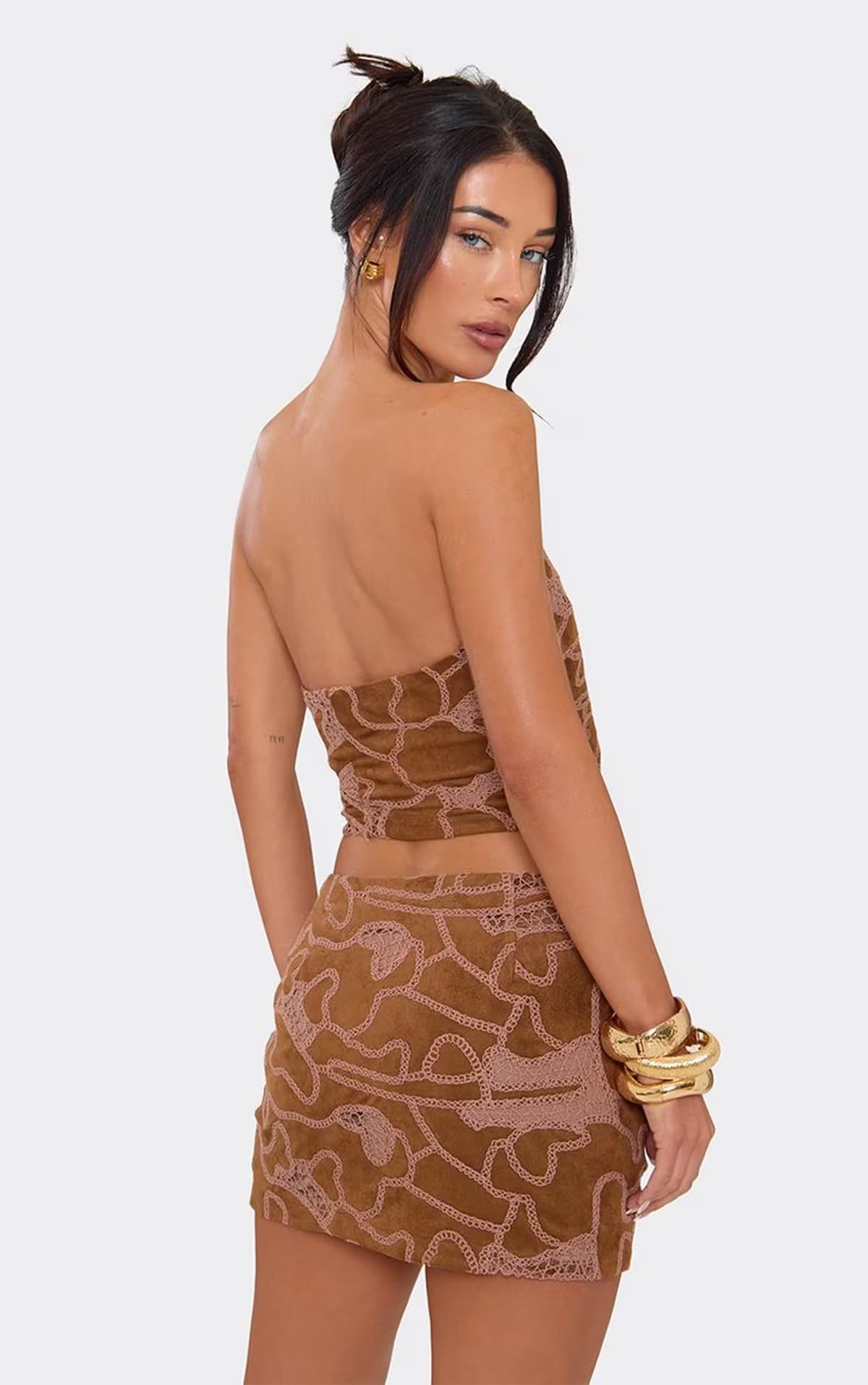 EGO Bandeau Pointed Hem Embroidered Top In Tan Faux Suede, Women's Size UK 6