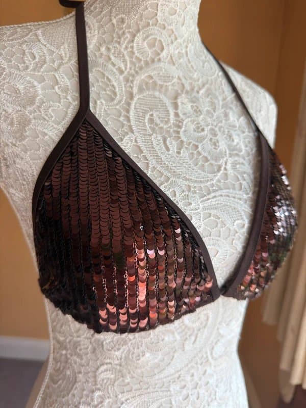 New Look New Look Sequin Embellished Triangle Bikini Top in Dark Brown Size 12