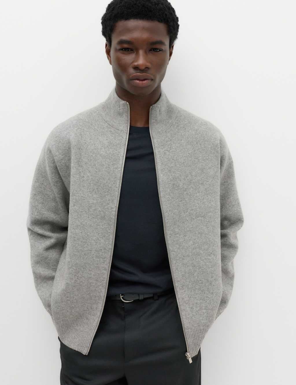 Marks & Spencer M&S Relaxed Fit Zip Through Funnel Neck Jacket Grey Marl