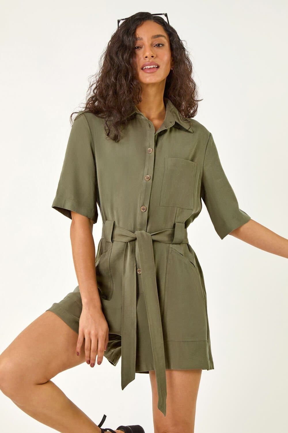 DUSK Dusk Women's Button Through Belted Pocket Playsuit in Khaki