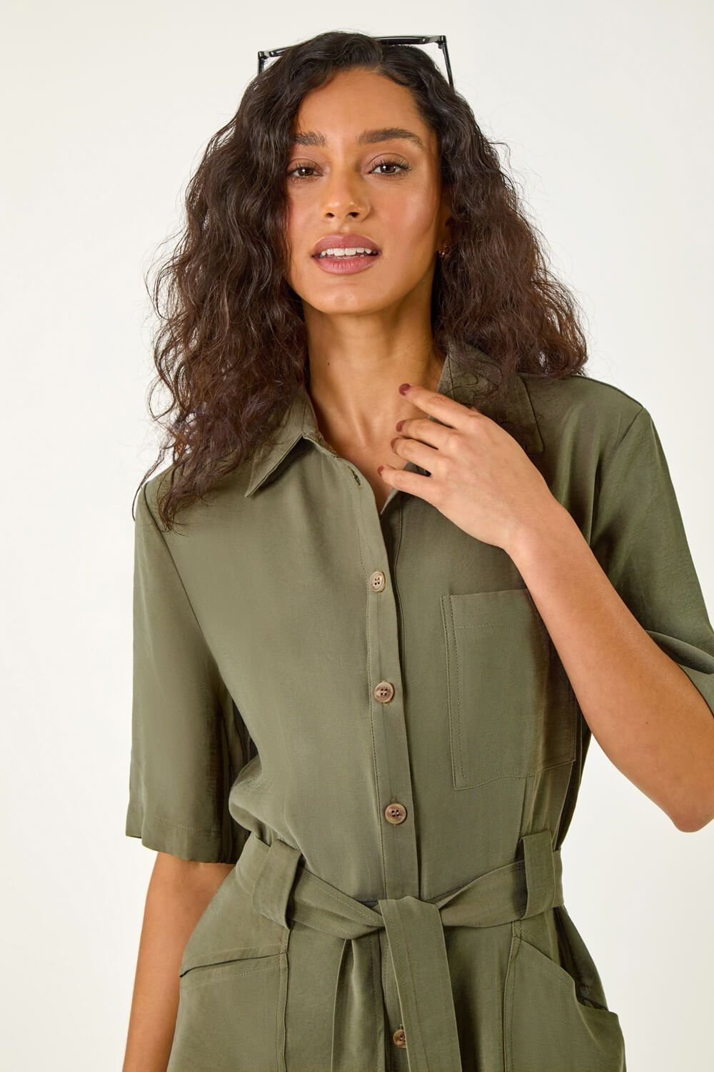 Dusk Dusk Women's Button Through Belted Pocket Playsuit in Khaki - 4