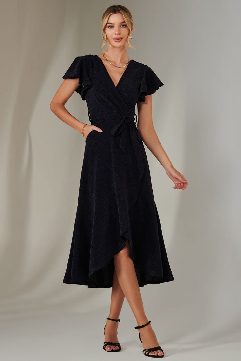 Jolie Moi Jolie Moi Women's Marlie Metallic Angel Sleeve Maxi Dress in Navy