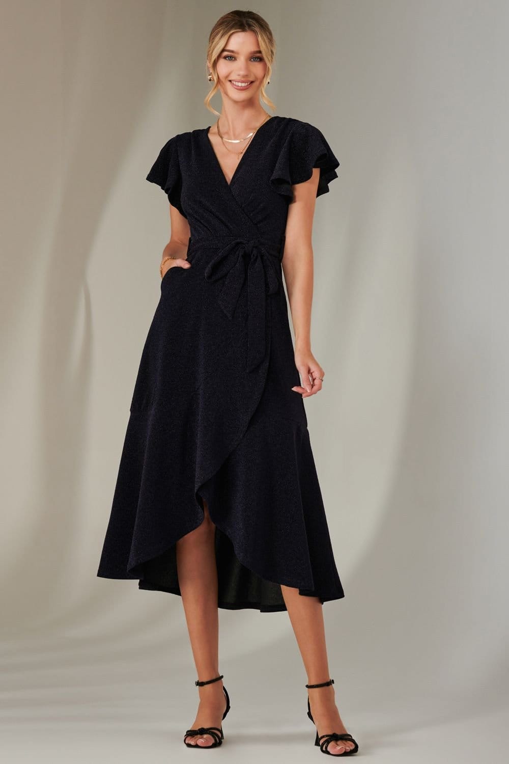 Jolie Moi Jolie Moi Women's Marlie Metallic Angel Sleeve Maxi Dress in Navy - 4