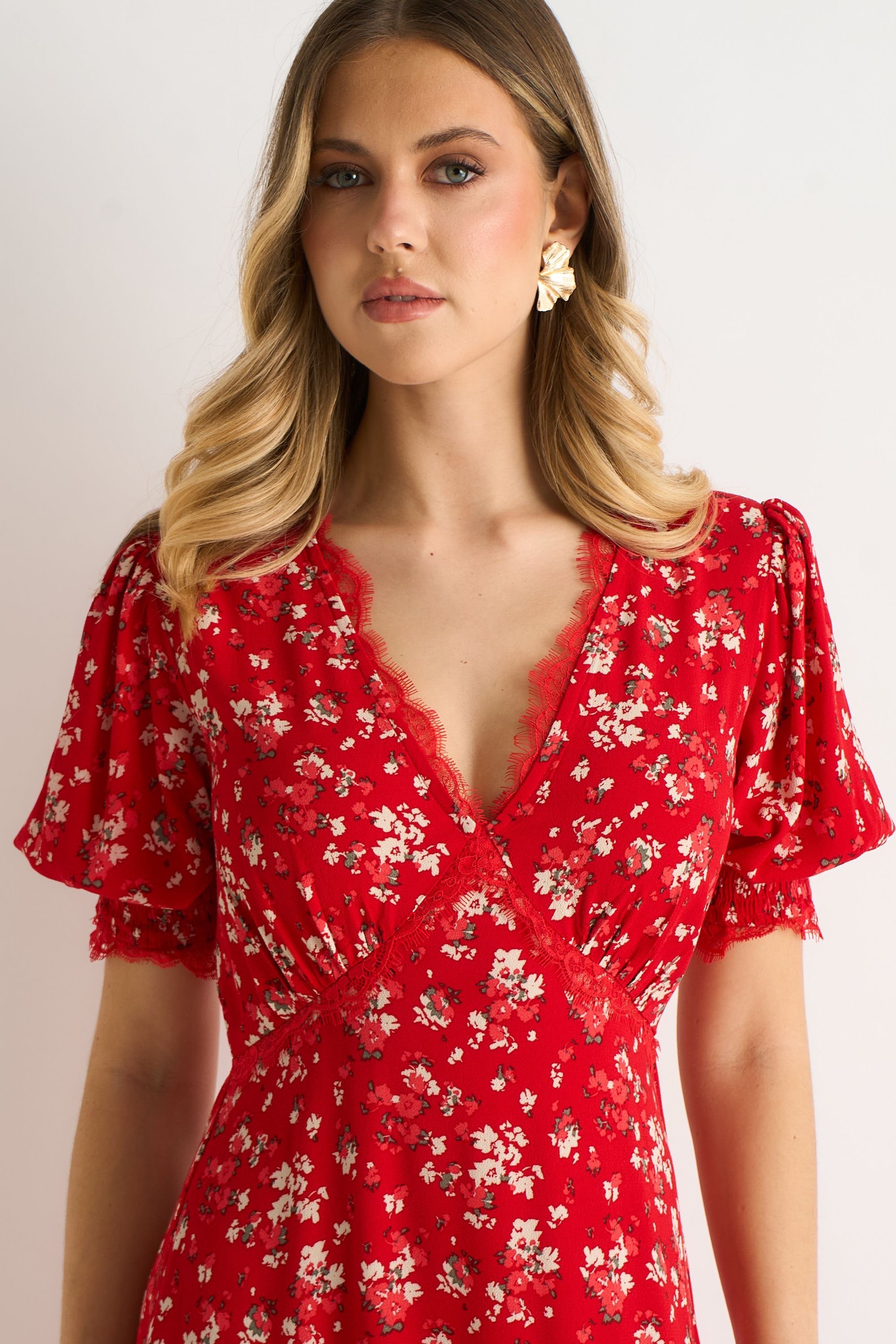 Gini London Gini London Women's Red Viscose Lace Trim Midi Dress - 2