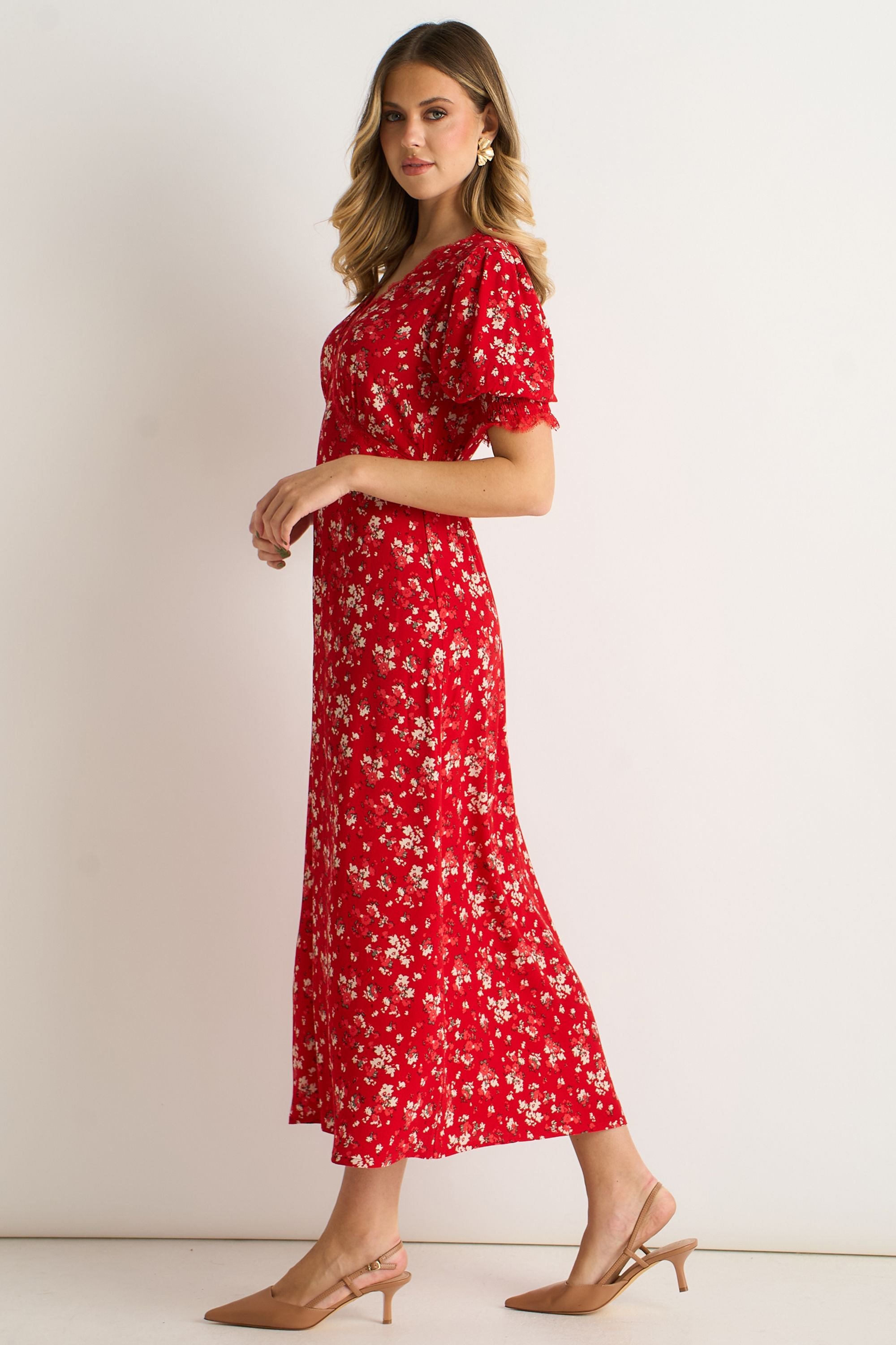 Gini London Gini London Women's Red Viscose Lace Trim Midi Dress - 3