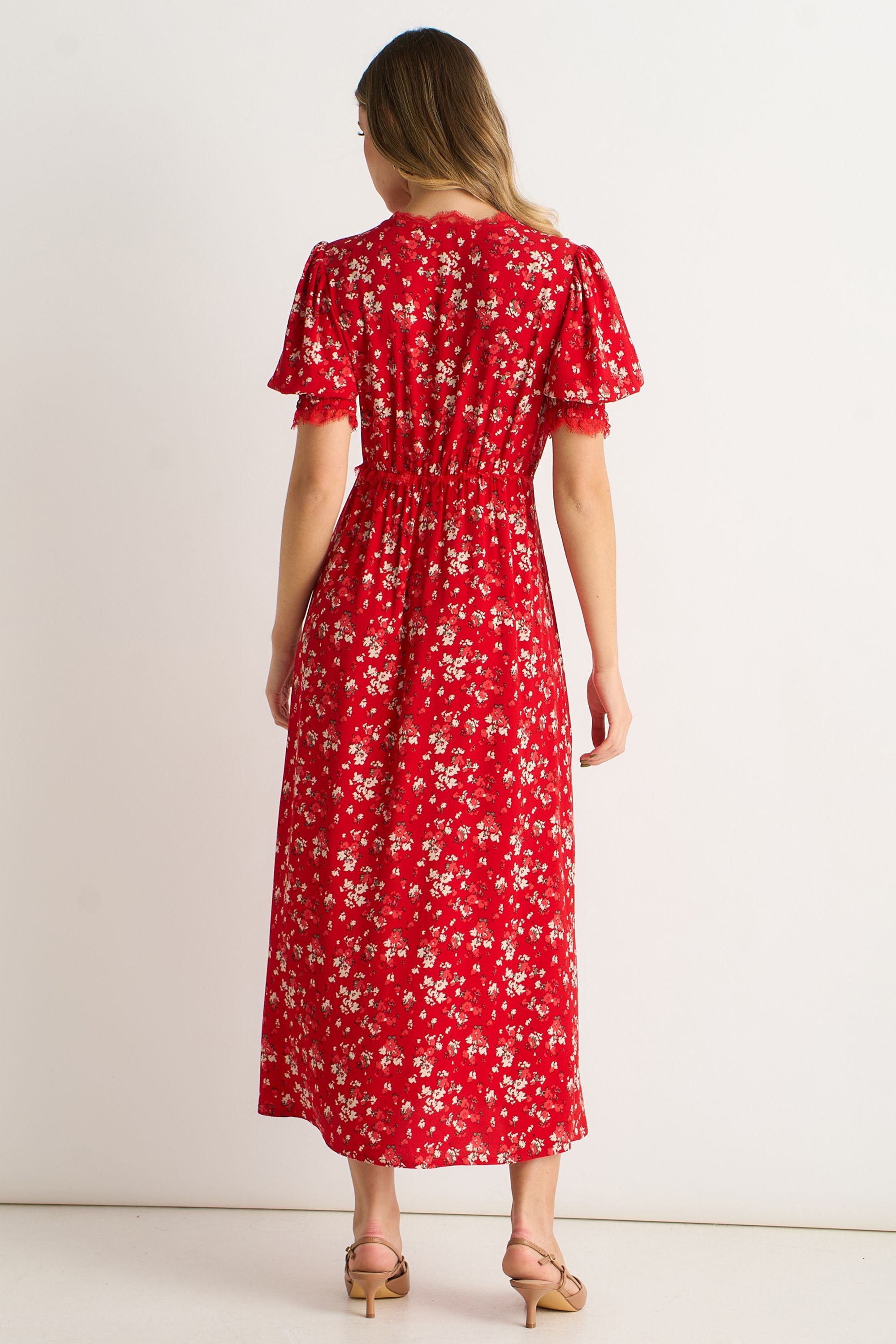 Gini London Gini London Women's Red Viscose Lace Trim Midi Dress - 4