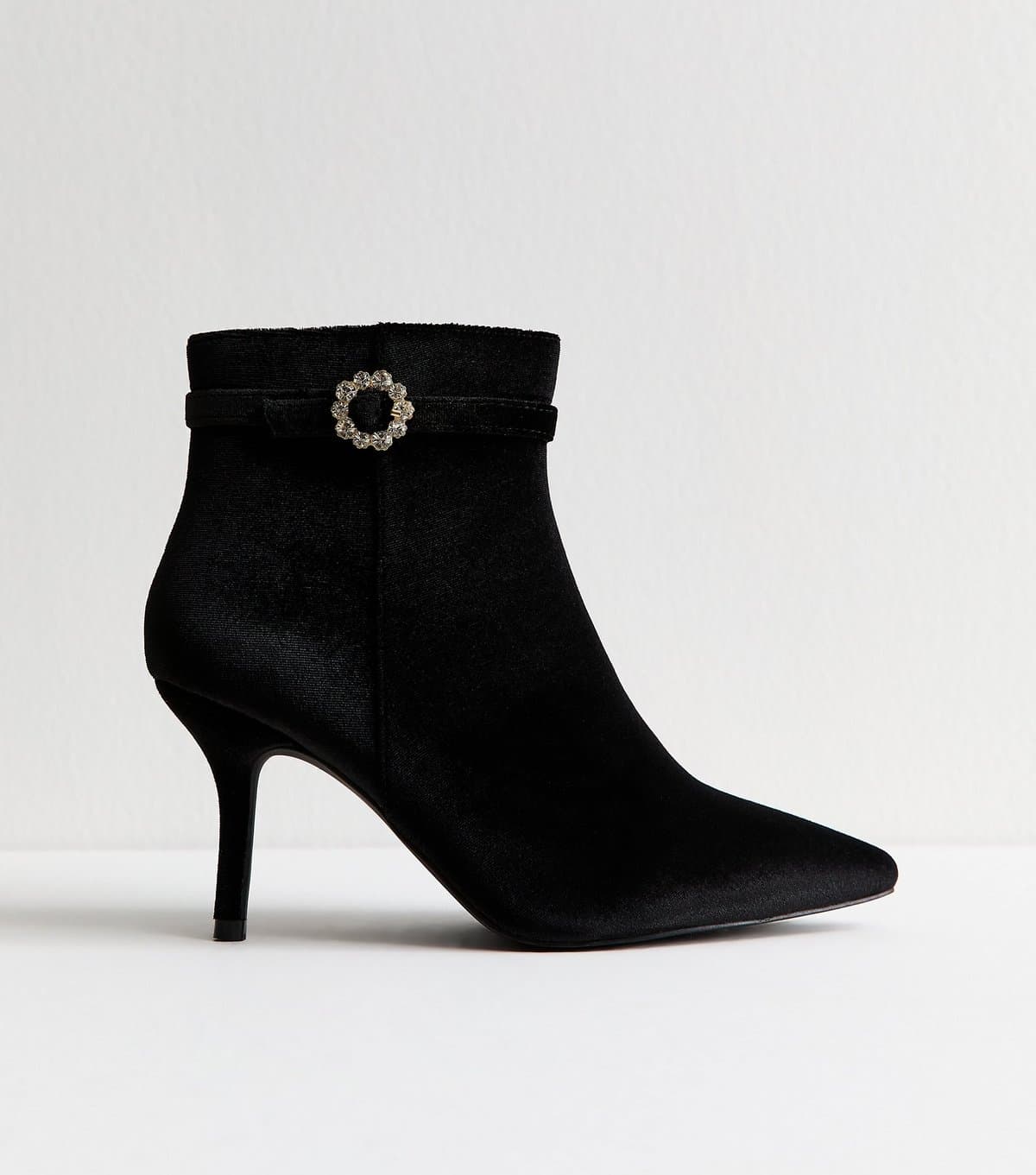 New Look Women's Wide Fit Black Velvet Diamante Buckle Ankle Boots Vegan New Look