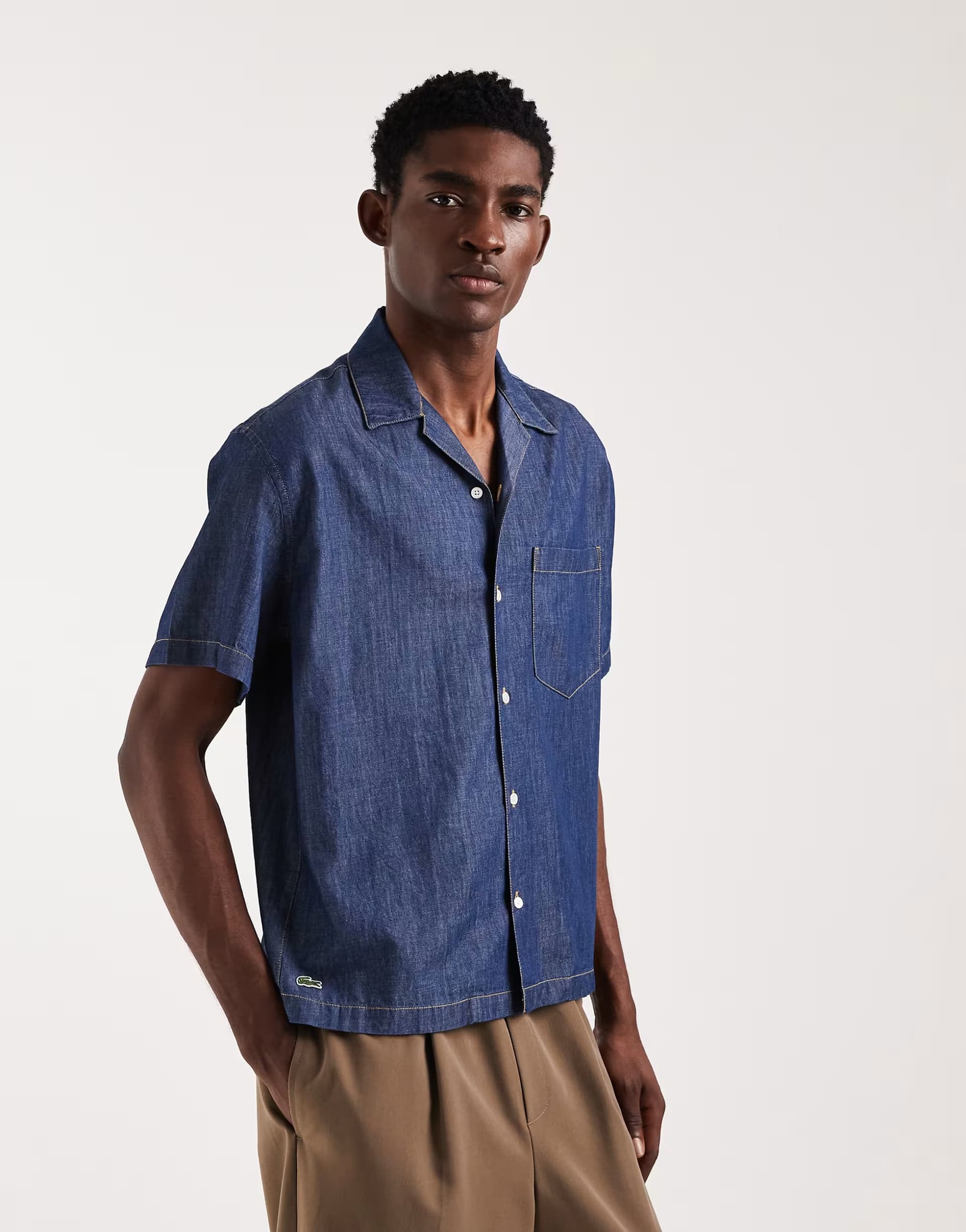 ASOS Lacoste short sleeve revere collar denim shirt in mid wash blue