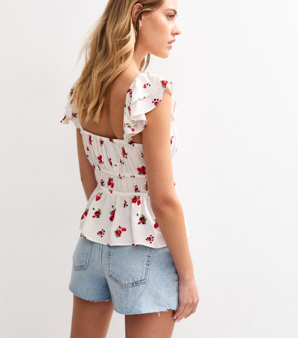New Look Women's Red Rose Print Shirred Waist Tea Top New Look - 4